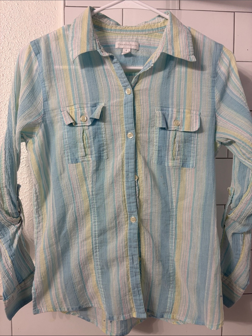 Charter Club Pastel Blue & Yellow Striped Casual Button-Down Shirt